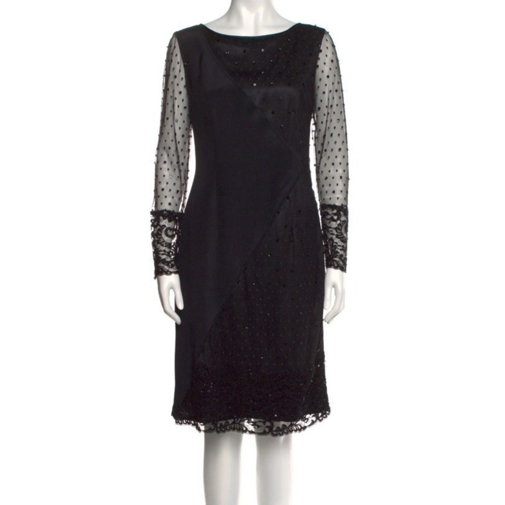 Vtg 90s Bill Blass Silk Evening Dress Black Beaded Sheer Sleeve Size 12